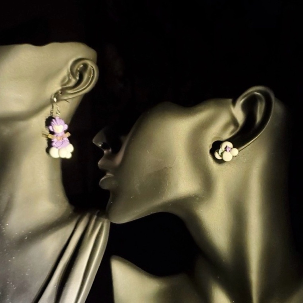 Purple & White Floral Drop and Stud Earring Set - Women Jewelry